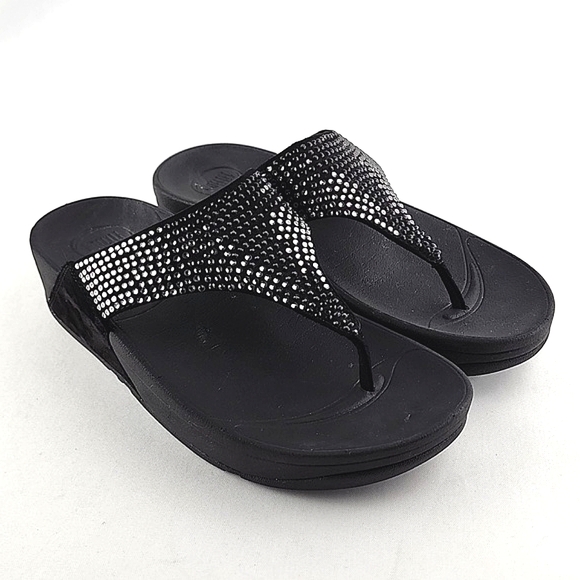 Fitflop Women's Lulu Black Popstud Toe-Post Shiny Metal Studs Sandals Size 7 - Picture 2 of 16